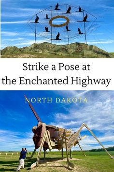 the cover of strike a pose at the enchanted highway by north dakota, with an image of a giant metal sculpture