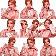 the woman is holding her cell phone and posing for pictures in different poses, all with their hands together