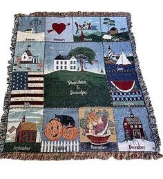 a quilted blanket with many different pictures and words on the front, along with an american flag