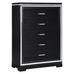 Eleanor Rectangular 5-drawer Chest Silver and Black 223365 Contemporary Style Bedroom, Dramatic Bedroom, Black Chest Of Drawers, Glamourous Bedroom, Chest Furniture, Mirror Trim, 9 Drawer Dresser, Regal Design, Mirror Surface