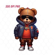 a teddy bear wearing a jacket and sunglasses with the words, 300 dpi png