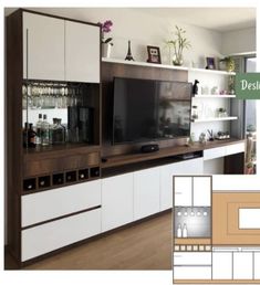 an image of a kitchen with cabinets and a tv on the wall in it's center