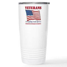 a white tumbler with the words veterans and an american flag