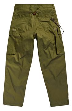 These loose-fitting, military-inspired twill pants feature roomy cargo pockets and woven tape inside the hems that can be adjusted to slightly taper the legs. Zip fly with button and drawstring closure Front slant pockets; side flap-patch zip pockets; back welt pockets 100% cotton Machine wash, line dry Imported Khaki Techwear Parachute Pants With Patch Pockets, Combat Cargo Pants With Side Pockets, Combat Parachute Pants With Multiple Pockets, Military Style Khaki Parachute Trousers, Military Style Cargo Pants, Military Style Khaki Parachute Pants With Patch Pockets, Military Streetwear Cargo Pants With Side Pockets, Khaki Military Style Parachute Pants, Combat Style Khaki Pants With Cargo Pockets