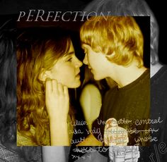 two people are talking to each other in front of a black and white photo with the words perfection on it