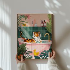 a person holding up a poster with a tiger in a bathtub on the wall