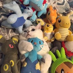 a pile of stuffed animals sitting next to each other