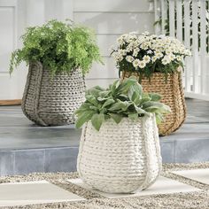 three woven baskets with plants in them sitting on the ground next to a door way