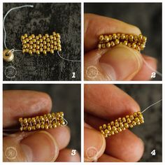 four pictures showing how to make beaded bracelets with gold seed beads and thread