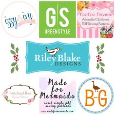 the logo for riley bake designs is shown in blue and green, surrounded by other logos