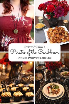 a collage of photos with red flowers and plates of food on the table in front of them