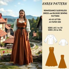 Renaissance Medieval Sleeveless Dress and Blouse Pattern,Vintage Sewing pattern,Fairy, Regency, Elf dress, Tea length Dress,Halloween costume , Elegant Dress +,available as an instant download (pdf) sewing pattern bundle with a range of size options, including plus sizes ⭐US Sizes: 2, 4, 6, 8, 10, 12, 14, 16, 18, 20, 22, 24, 26, 28, 30 ⭐Standard Sizes: XS, S, M, L, XL, 2XL, 3XL, 4XL ⭐These patterns are suitable for A4, A0, and US Letter size papers. ⭐Once your payment is processed, you will automatically receive download links for the pattern files. Please note that you can only download the files from a computer; they will not work on a phone or iPad. ⭐This is a digital product. You will receive zip files containing the patterns and sewing instructions. ⭐Due to the nature of digital downl Hobbit Sewing Pattern, Viking Dress Pattern, Medieval Dress Diy, Elvish Dress, Medieval Dress Pattern, Peasant Dress Patterns, Dress And Blouse, Dress Tea Length, Tudor Dress