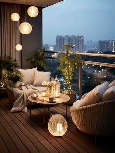 a living room filled with lots of furniture next to a large window covered in lights