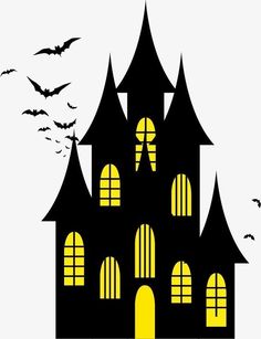 a black and yellow castle with bats flying over it's roof, while the windows are lit up