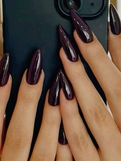 Purple Nails Acrylic Aesthetic, Very Dark Purple Nails, Ash Purple Nails, Deep Purple Almond Nails, Dark Purple Aesthetic Nails, Nail Inspo Dark Purple, Dark Nails Almond Shape, Witch Nails Aesthetic, Nail Dark Purple