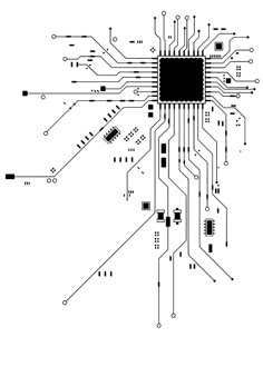 an electronic circuit board with many small black dots on the top and bottom half of it