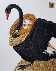 a painting of a black swan sitting on top of a golden object