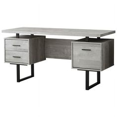 an office desk with two drawers and one drawer on the bottom, in grey wood