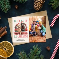 a christmas card with an image of two dogs on the front and one dog in the back