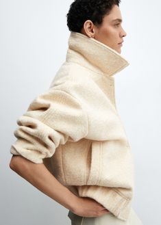 Oversized bomber jacket - Women | MANGO USA Versatile Funnel Neck Outerwear For Fall, Chic Funnel Neck Outerwear For Work, Versatile Funnel Neck Fall Outerwear, Fall Funnel Neck Outerwear With Zipper Closure, Beige Winter Outerwear With Zip Cuffs, Fall Outerwear With Funnel Neck And Pockets, Fall Funnel Neck Outerwear With Pockets, Oversized Outerwear With Ribbed Collar And Funnel Neck, Chic Beige Outerwear With Ribbed Cuffs