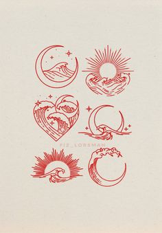 four different types of heart shapes on a piece of paper with the sun and moon above them