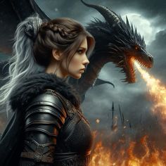 a woman standing next to a dragon in front of a fire filled sky with clouds