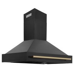 a black wall mounted stove hood with gold trimmings on the top and bottom