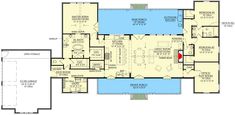 the floor plan for a house with an indoor swimming pool and two separate living areas