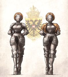 two women in armor standing next to each other with a coat of arms behind them