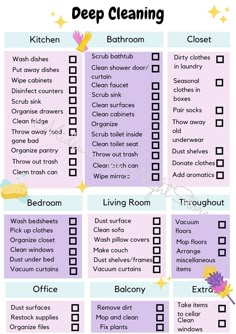 a cleaning checklist with the words deep cleaning on it