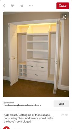 an image of a white closet with shelves and drawers