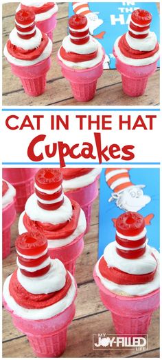 cat in the hat cupcakes with red and white frosting