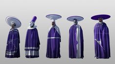 four different types of purple robes and hats