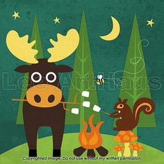 a moose and squirrel are standing in front of a campfire with marshmallows