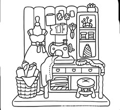 a black and white drawing of a kitchen