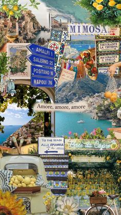 a collage of pictures with flowers, signs, and an old car in the foreground