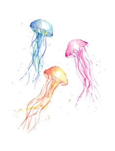 three jellyfish in different colors on a white background with watercolor paint splatters