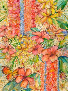 a painting of flowers and leaves on a colorful background