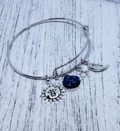 Celestial Round Bracelet With Moon Charm, Celestial Charms Bracelet Jewelry, Celestial Turquoise Jewelry With Moon Charm, Adjustable Celestial Charm Bracelets, Adjustable Silver Celestial Charm Bracelet, Celestial Jewelry, Charm Bangle, Star Charms, Alex And Ani Charm Bracelet