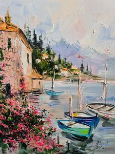 a painting of boats in the water near a building and some trees with pink flowers