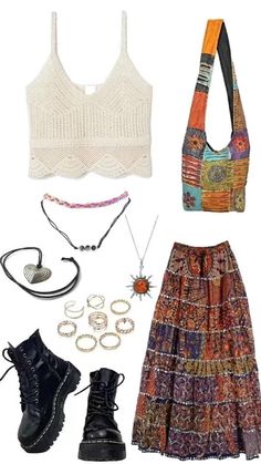 Cute Ditsy Outfits, Summer Outfits In Hot Weather, Hippy Aesthetic Clothes, Hippie Outfit Inspiration, Modest Bohemian Outfits, Hippie Core Outfits, Hippy Aesthetic Outfit, Indie Core Outfits, Grunge Hippie Aesthetic Outfit