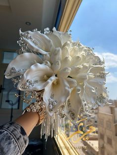 a person holding a bouquet of flowers in front of a window with the sky outside