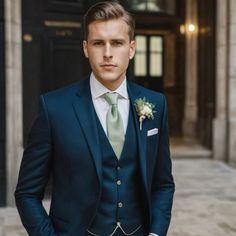 Groom Men Suits Wedding Colors, Dark Blue Suites Wedding Men, Green Groom Blue Groomsmen, Blue Tie With Pocket Square For Groom, Green Groomsmen Suits Witj Eoyal Blue Tie, Navy Tux Wedding Groom & Groomsmen Suits, Blue Groom Suit, Grooms Suits