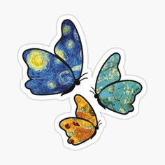 three colorful butterflies flying in the sky with stars on their wings and one has a yellow light