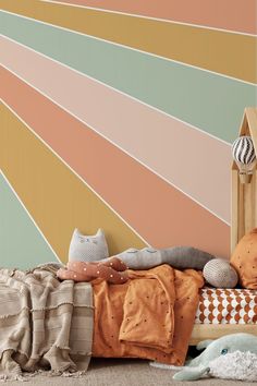 bohemian rainbow rays wallpaper Boho Rainbow Mural, Sun And Rainbow Nursery, Pastel Boho Bedroom, Boho Rainbow Kids Room, Painted Rainbow Wall, Rainbow Accent Wall, Interior Design Accent Wall, Kids Accent Wall, Pastel Rainbow Wallpaper