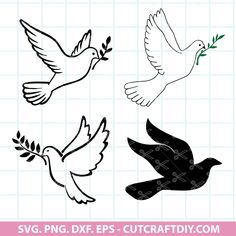 three doves with leaves in their beaks, one flying and the other sitting down