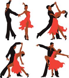 the silhouettes of two dancing couples in red and black clothes royalty - free stock photo