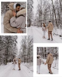 two people are holding hands and walking in the snow with trees behind them, one person is