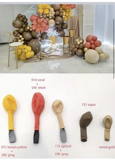 the different types of kitchen utensils are shown in two pictures, one is yellow and the other is brown