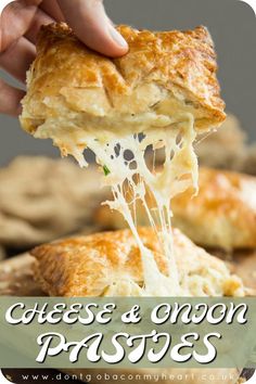 cheese and onion pastries being lifted from a casserole dish with text overlay